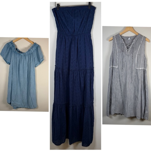 Bundle Lot Set Of 3 Summer Dresses Maxi Mini Flowy Chambray Navy Blue Medium - Picture 1 of 13